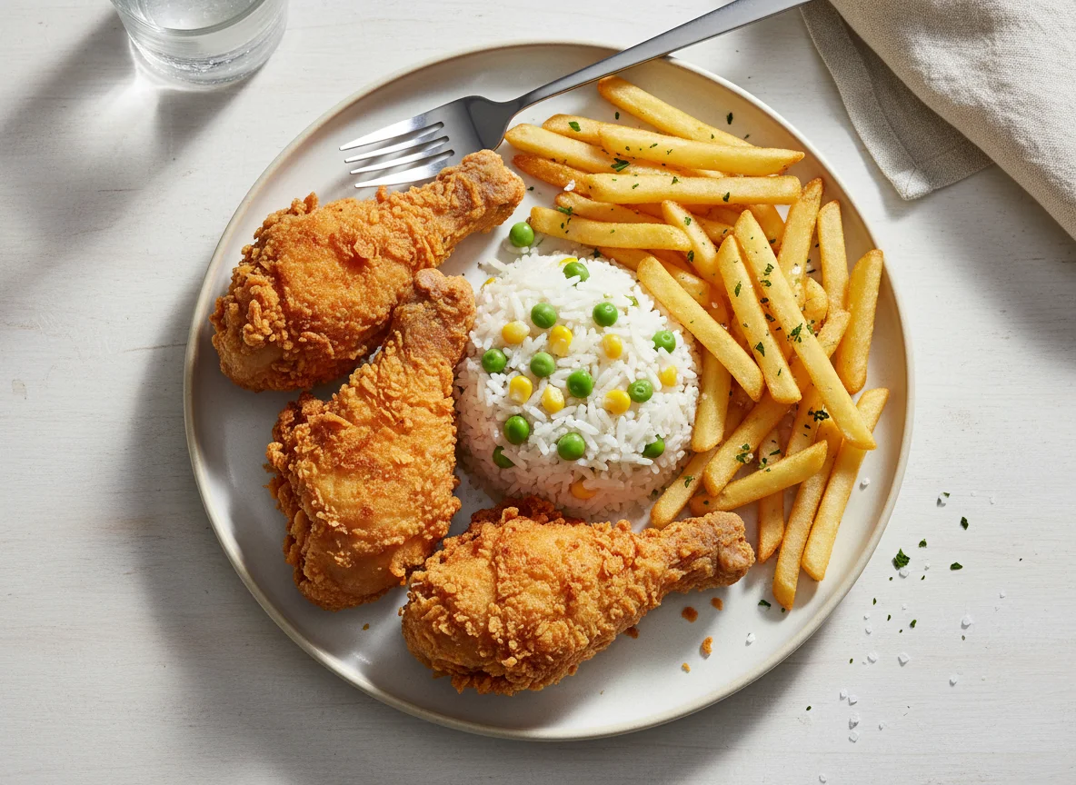 fried chicken (one part) with chips or rice